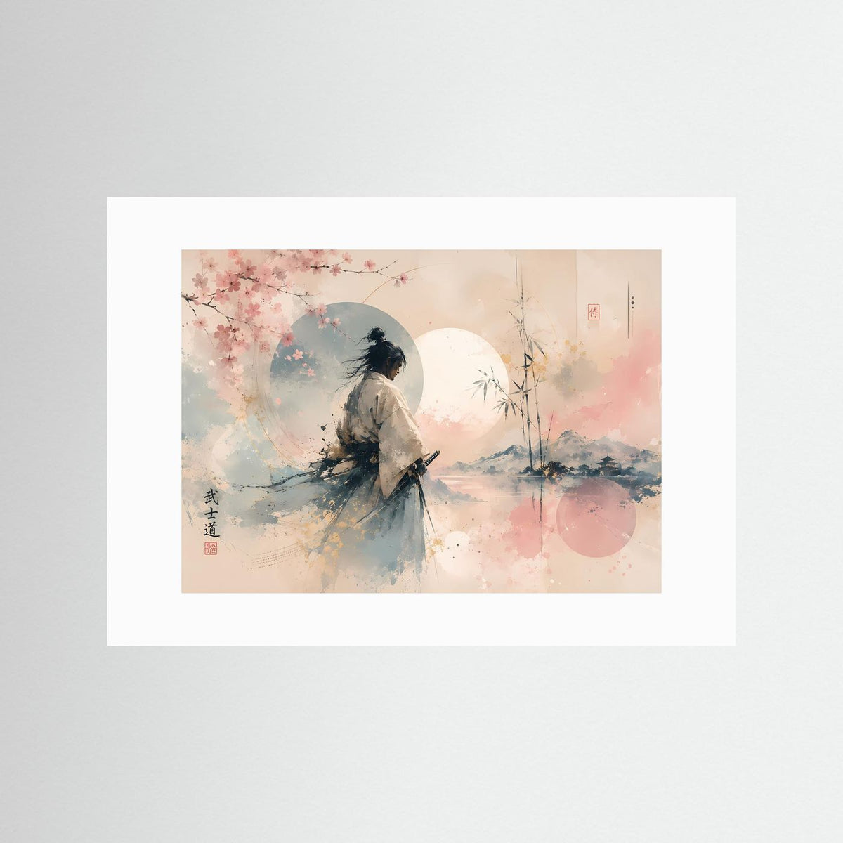 Kunstdruck mit weißem Passepartout: Samurai unter Kirschblüten in Pastelltönen