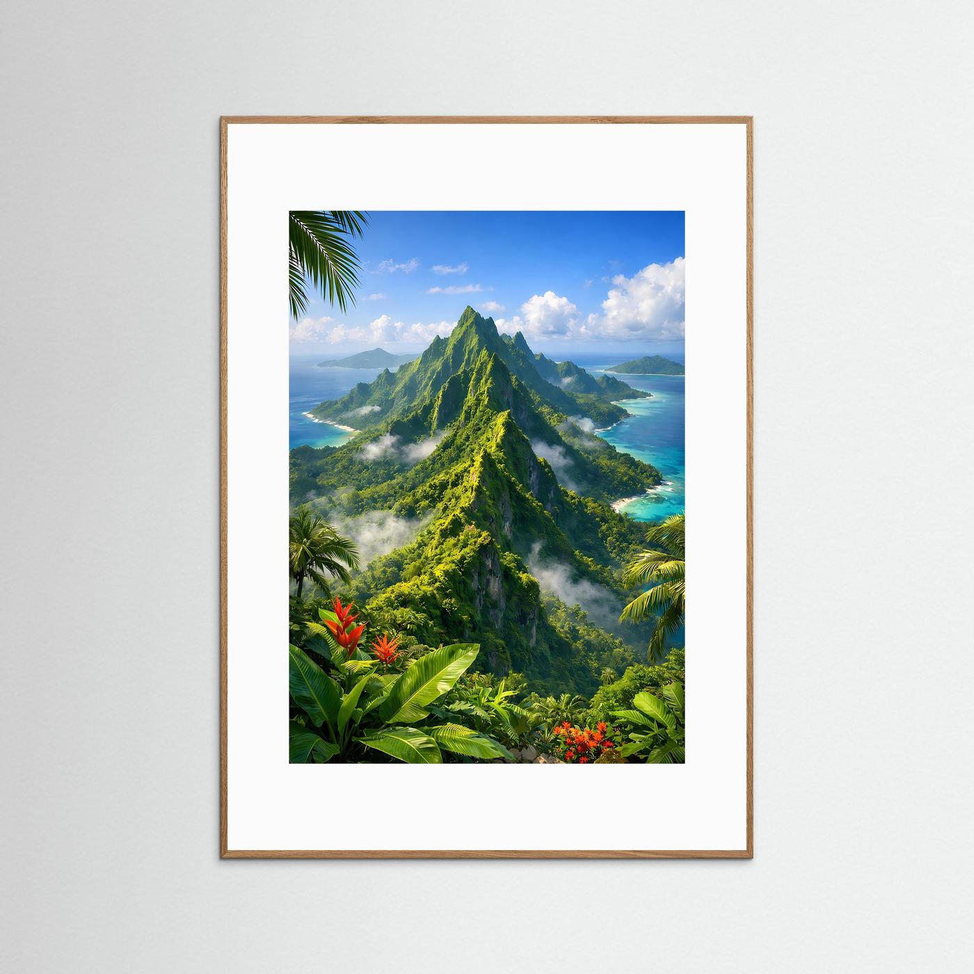 Tropenlandschaft-Poster im hellen Eichenholzrahmen, Hochformat mit weißem Rand.