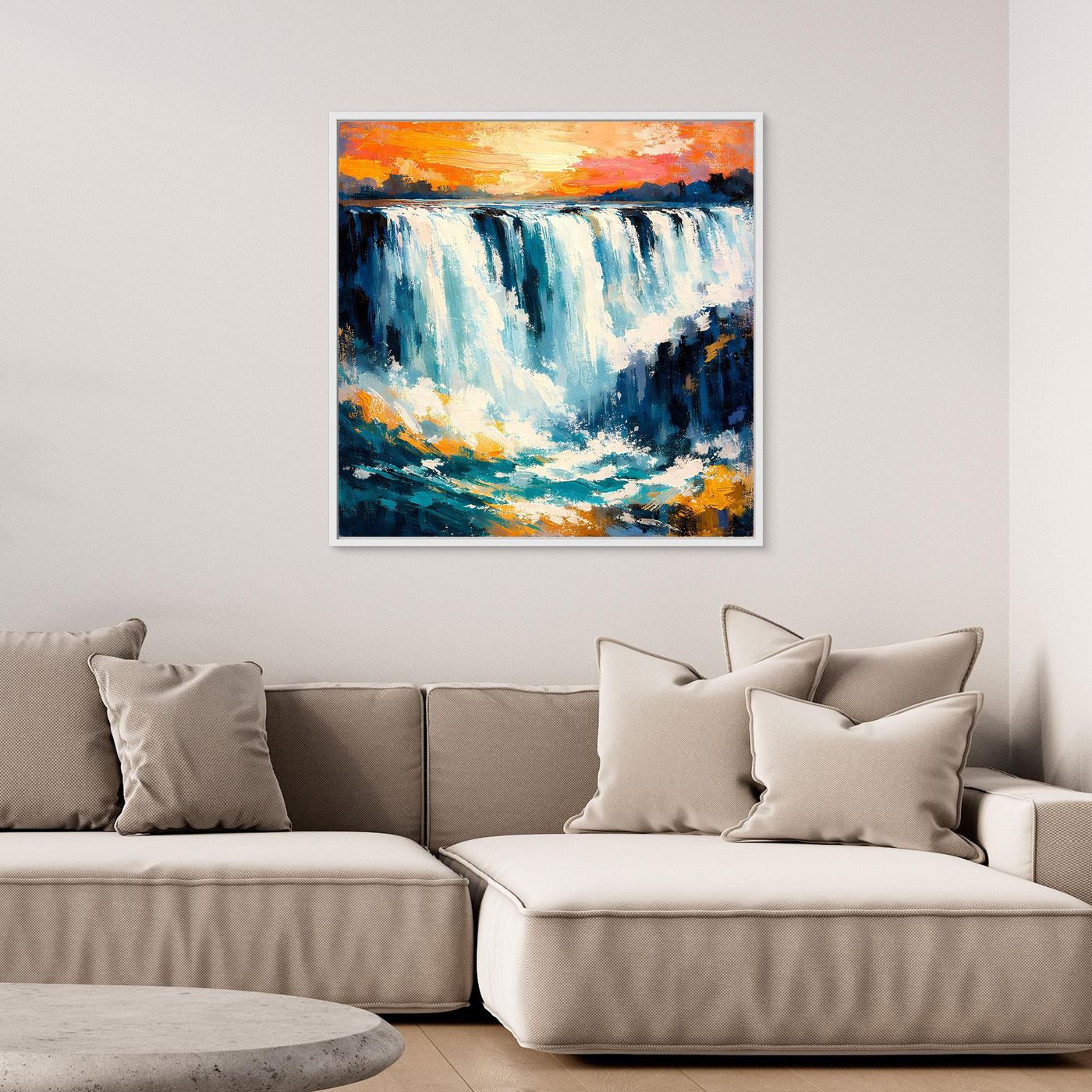 Gerahmtes Wasserfall-Motiv auf Leinwand in Blau und Orange, Rahmen in dunklem Braun.
