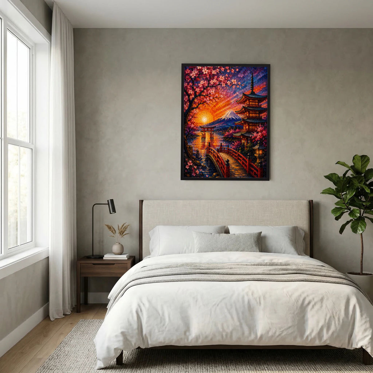 Poster im Hochformat mit Sakura-Baum, Pagode und Fuji bei Sonnenuntergang, schwarzer Rahmen
