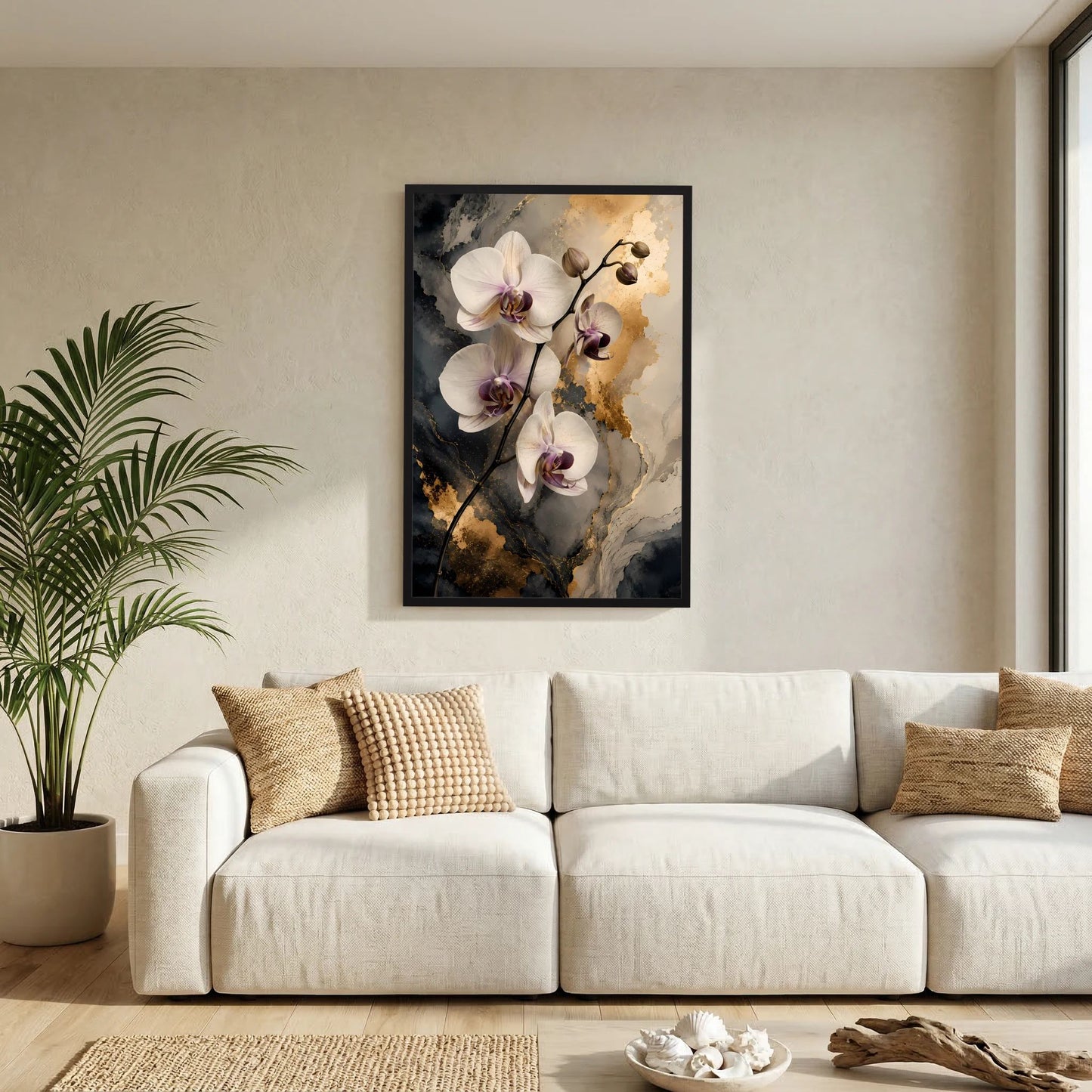 Weiße Orchideen mit Gold | Elegante Blüten auf Marmoroptik | Poster Hochformat