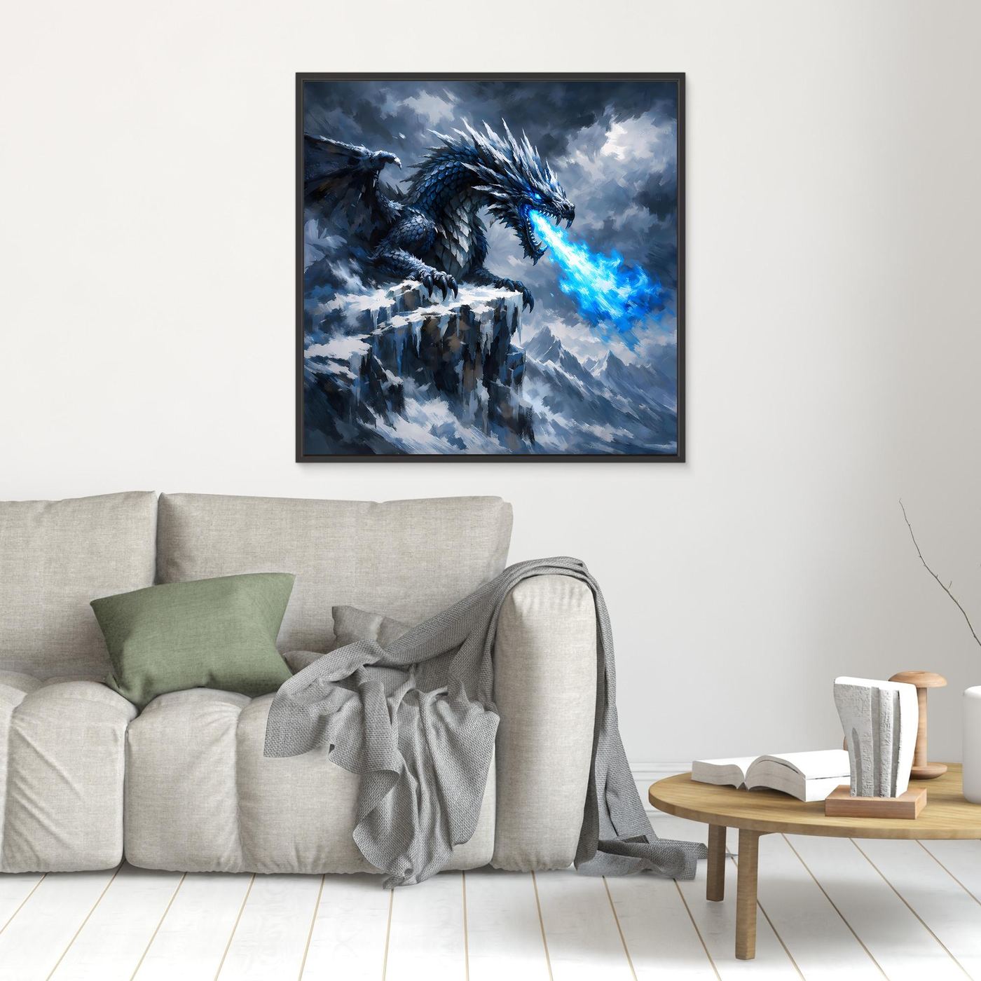 Leinwand Eisdrache auf stürmischem Berggipfel | Episches Fantasy-Wandbild auf echter Leinwand