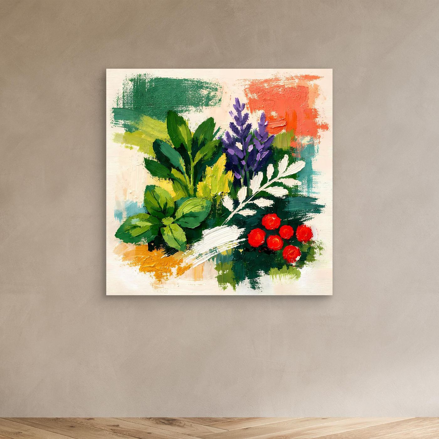 Abstract herb wall art painting with green and purple botanical shapes and red blossoms on canvas