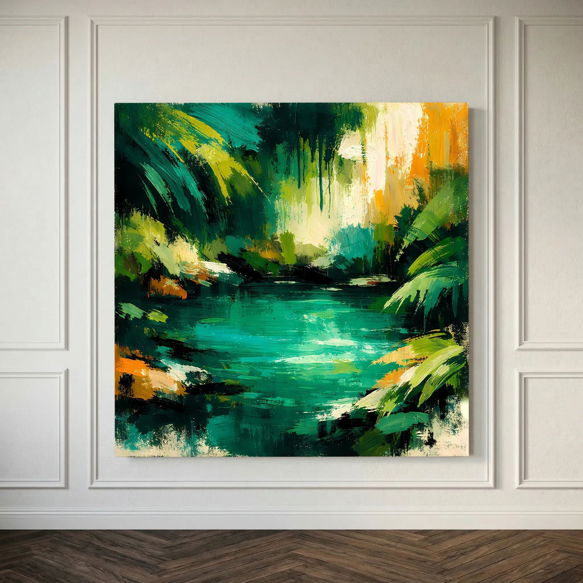 Leinwand Abstraktes Dschungelgewässer | Modernes Urwald Wandbild Smaragdgrün