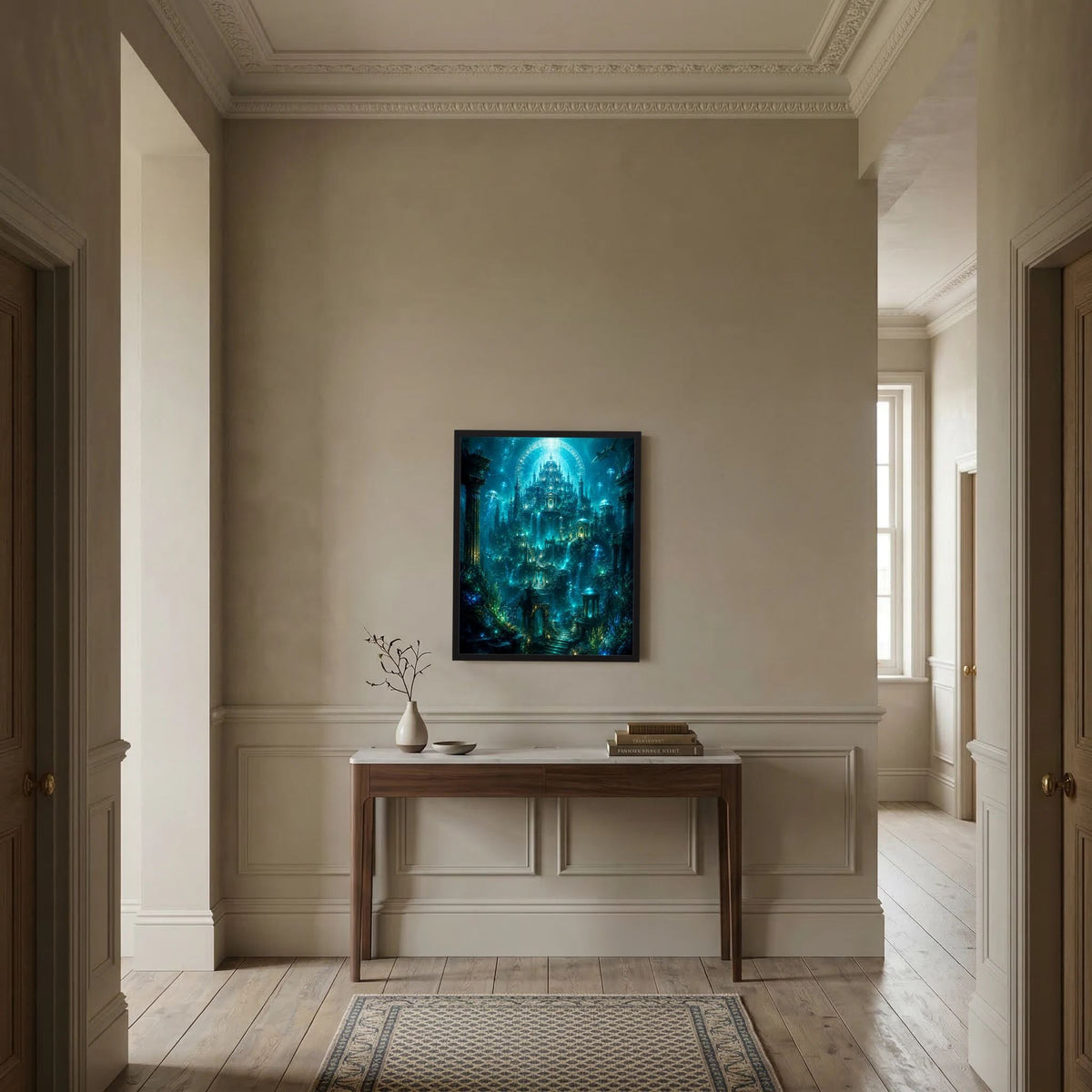 Hochformat-Poster mit versunkener Unterwasserstadt, türkis leuchtendem Zentrum