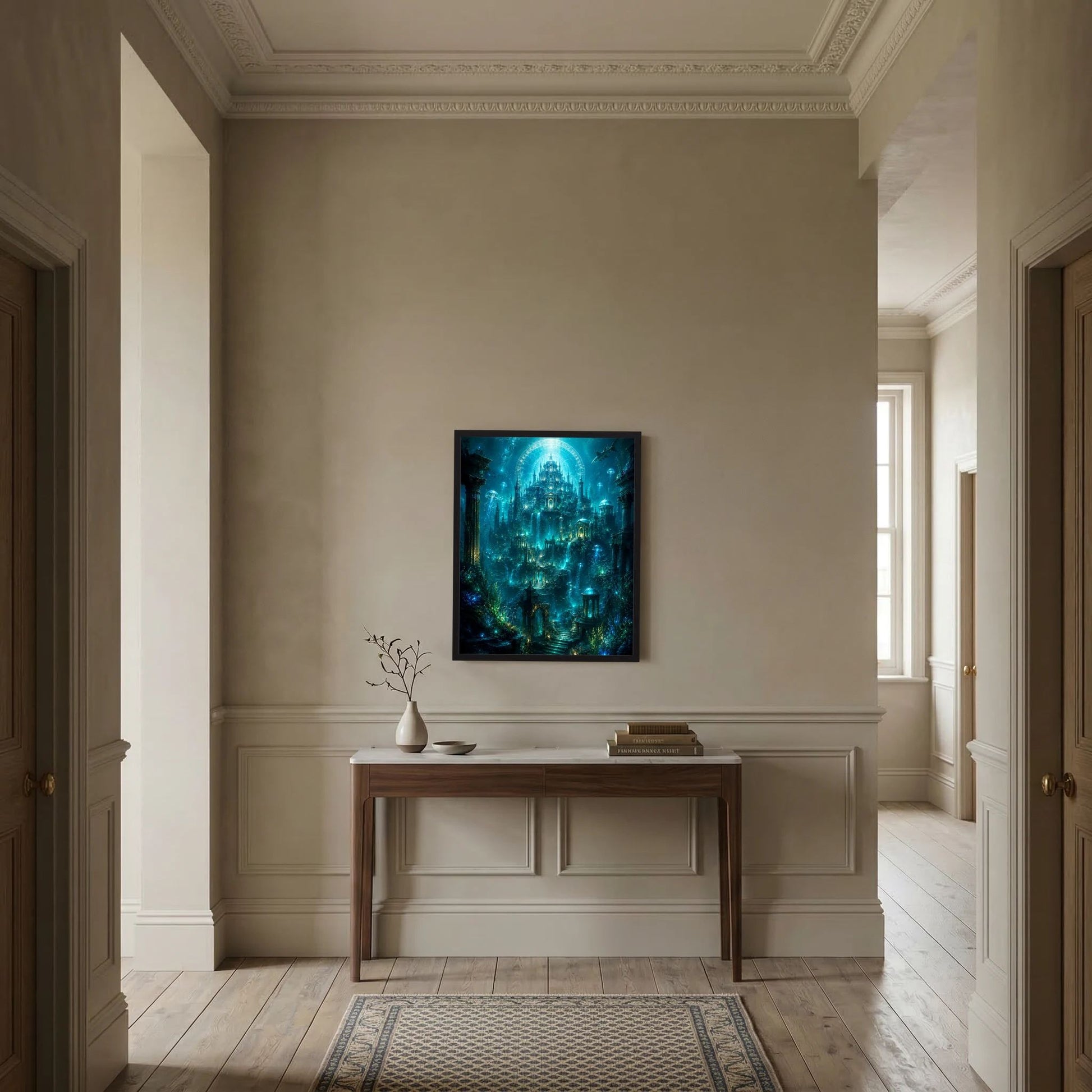 Hochformat-Poster mit versunkener Unterwasserstadt, türkis leuchtendem Zentrum