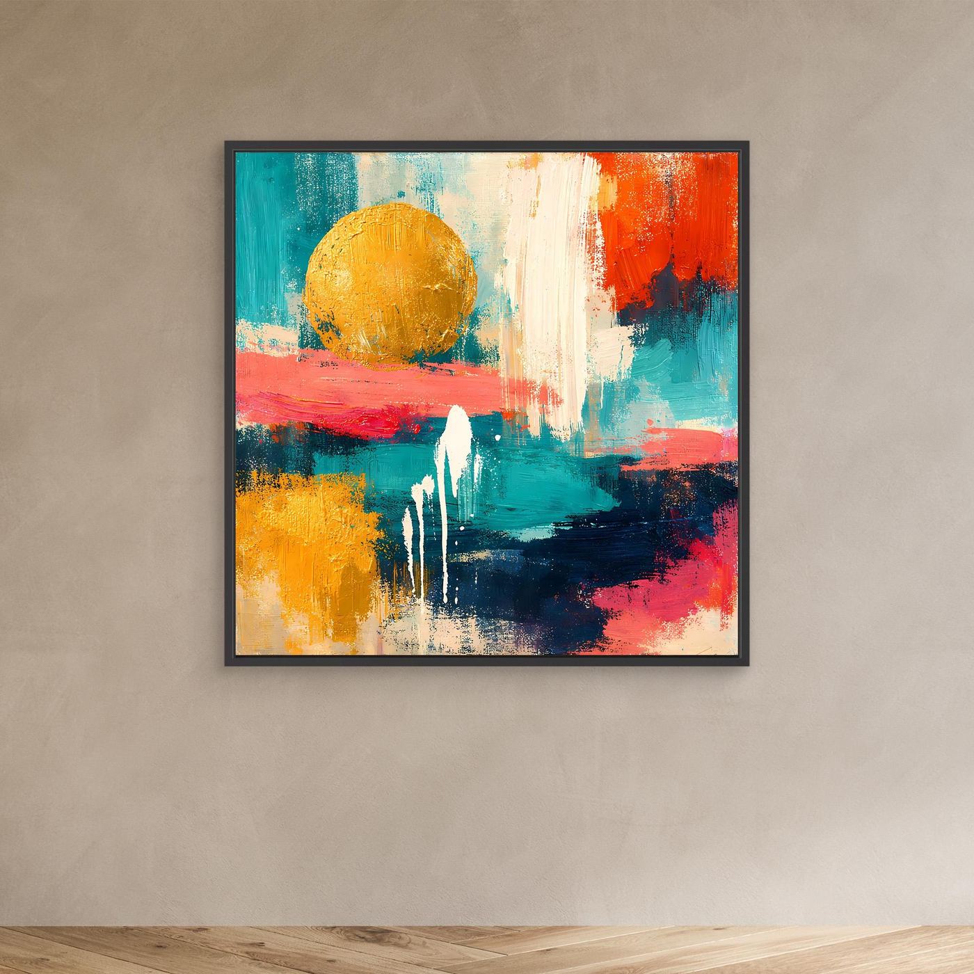 Abstraktes Leinwandbild mit goldener Sonne und Farbflächen, dunkel gerahmt