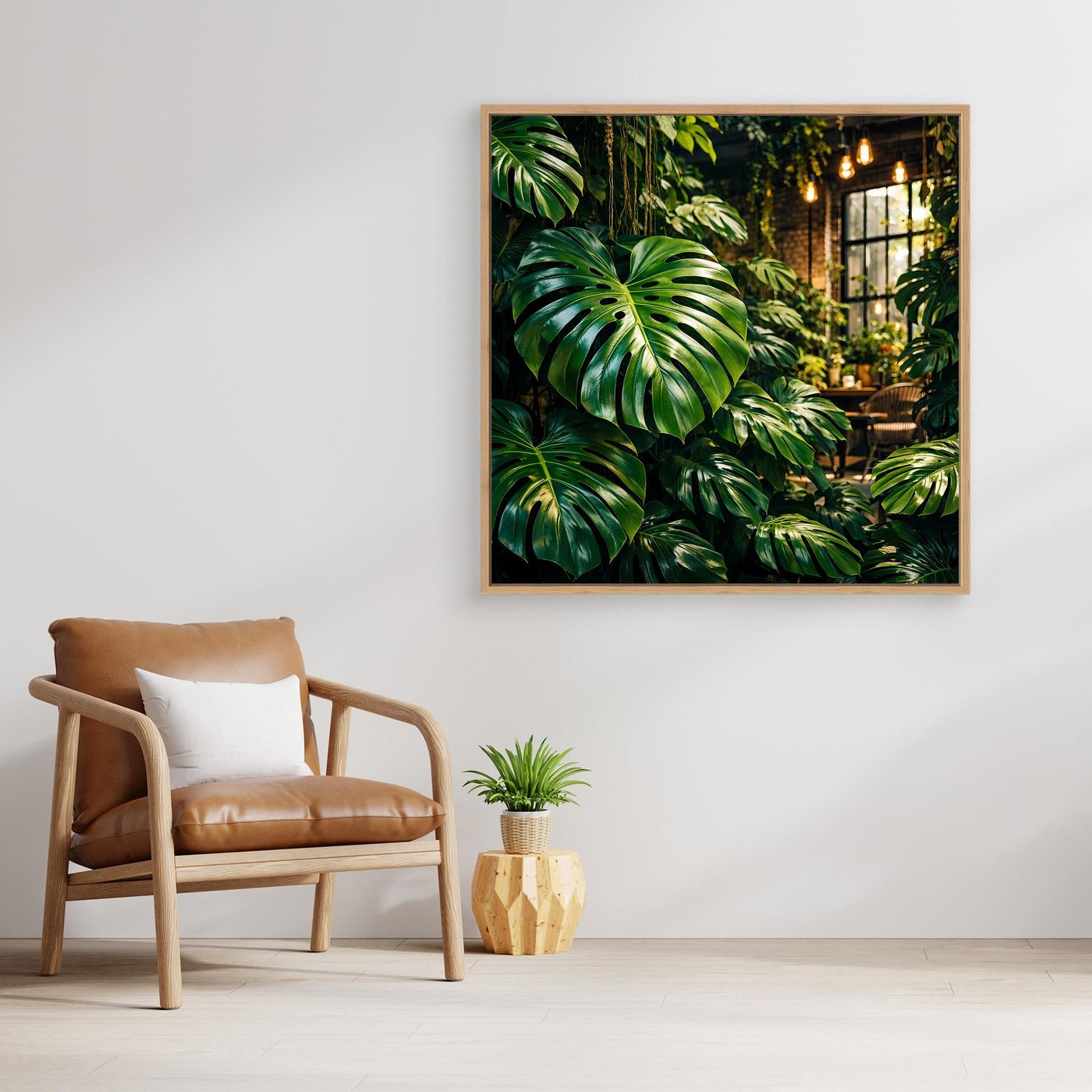 Leinwandbild mit grünen Monstera-Blättern und Dschungelweg, braun gerahmt