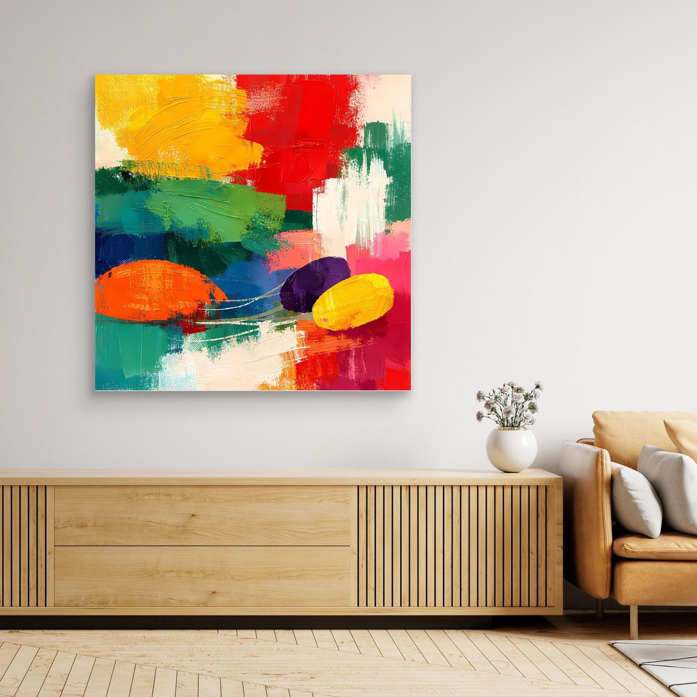 Leinwand-Wandbild mit abstrakten Farbklecksen, hellbrauner Rahmen, Rot, Grün, Gelb, Blau