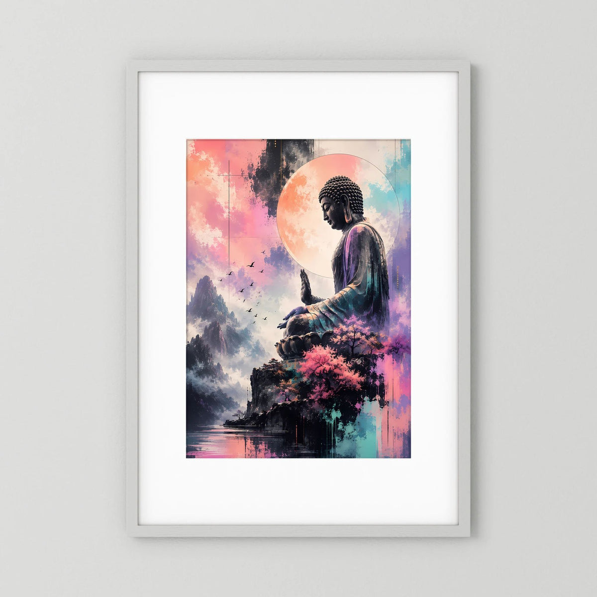 Meditierender Buddha im Pastell, mit Bergen und Kirschblüten, Hochformat im Rahmen