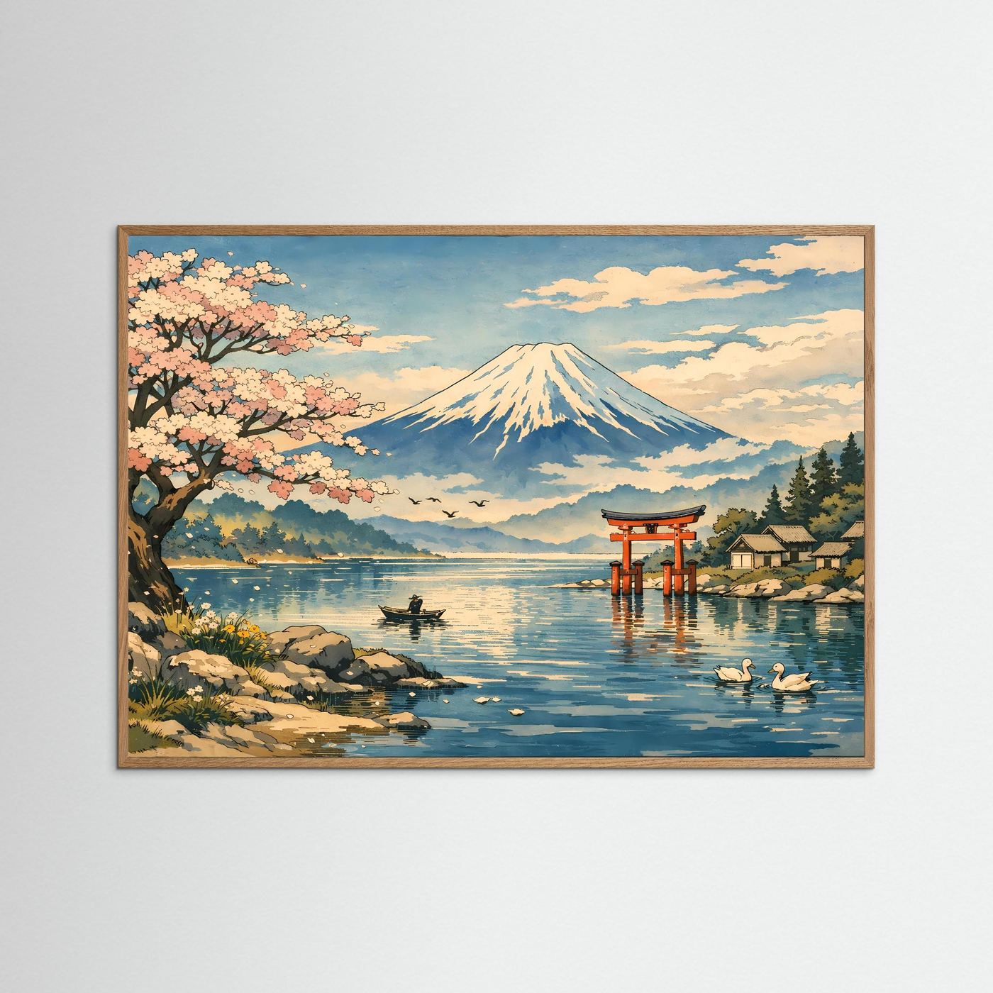 Wandbild-Poster: Mount Fuji über See mit Kirschblütenbaum und Torii, braune Umrandung