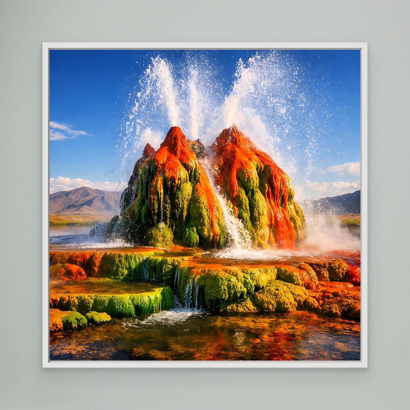 Leinwandbild mit farbenfrohem Geysir, Fontänen und Landschaft in Grün, Orange und Blau