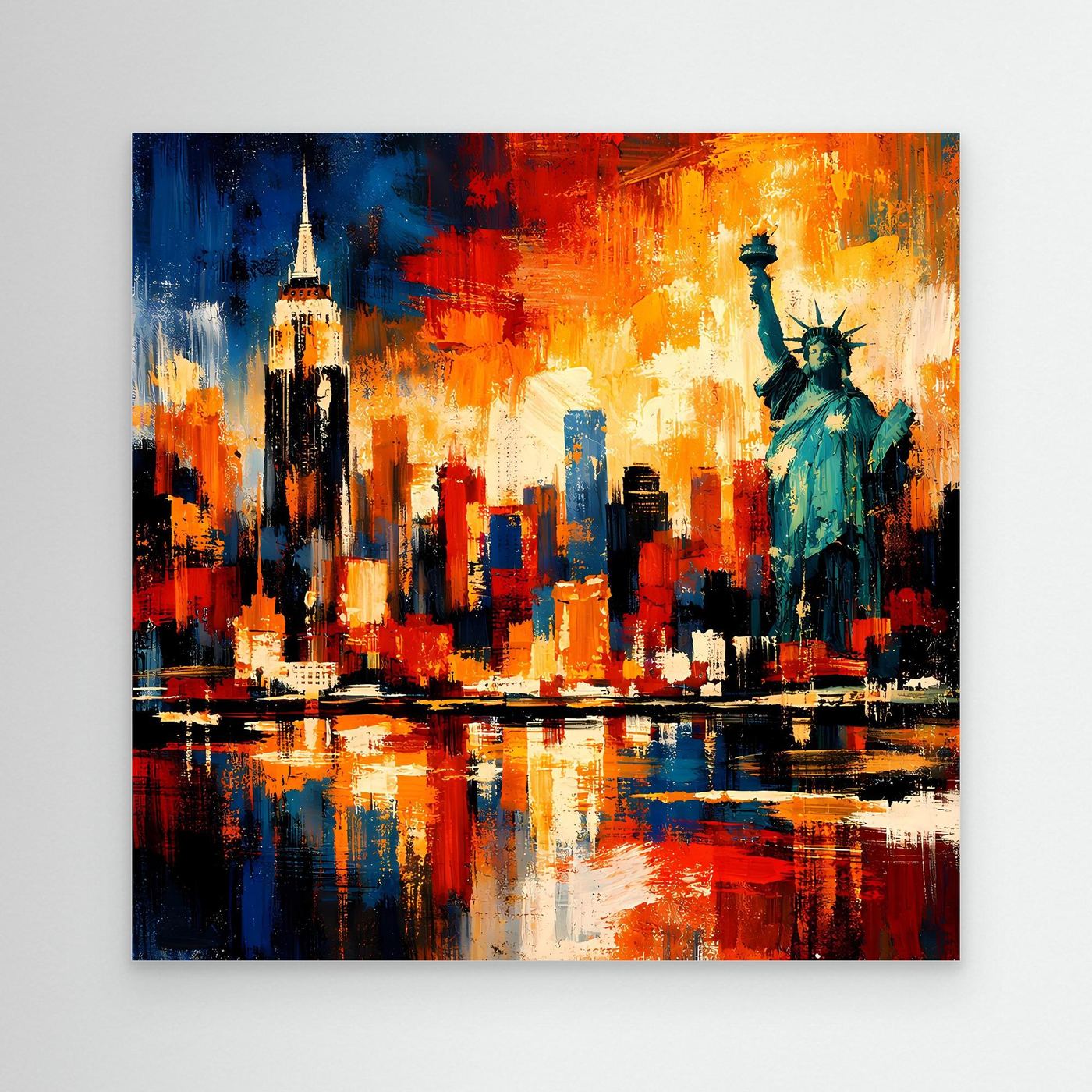 Leinwandbild abstrakte Skyline mit Freiheitsstatue, rot-blau-gelber Farbverlauf