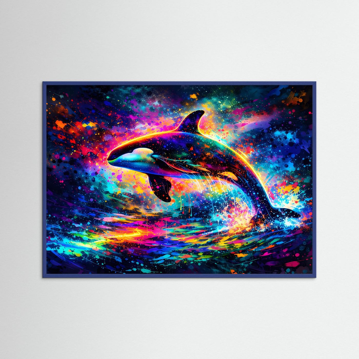 Neon-Orca-Wandposter im Querformat, blauer Rahmen