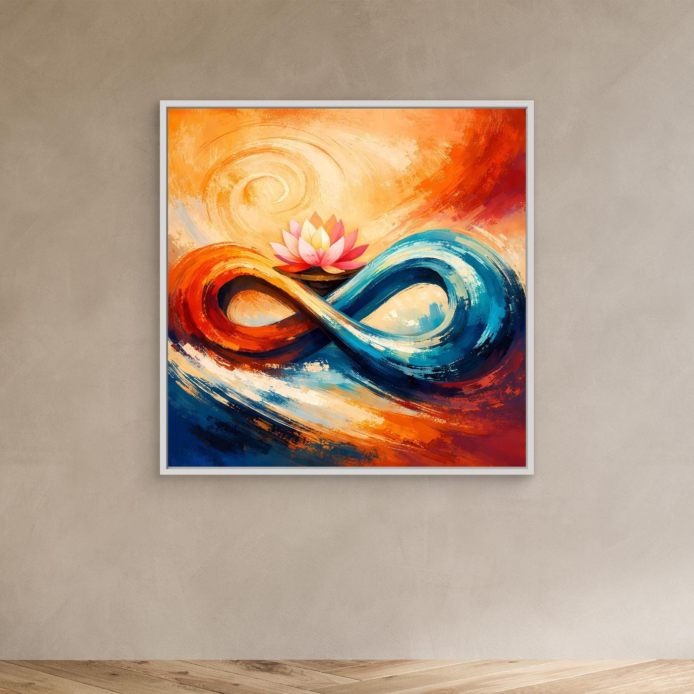 Abstraktes Leinwand-Wandbild mit Lotusblüte und Unendlichkeit, ohne sichtbaren Rahmen, Orange