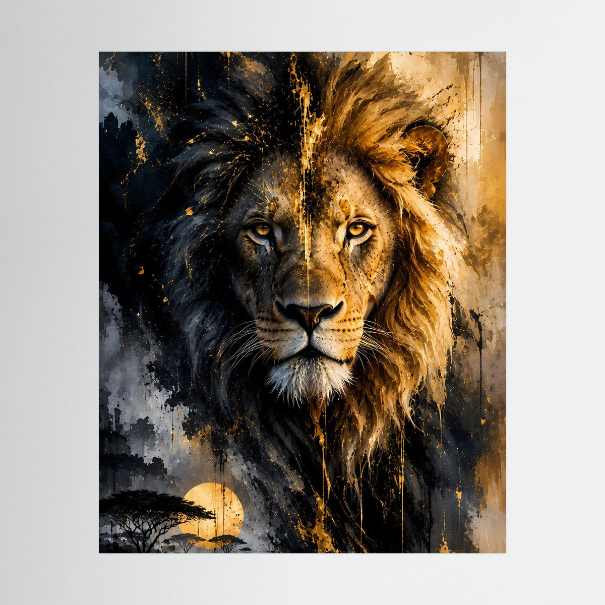 Löwen-Poster mit abstraktem Löwenporträt in Schwarz und Gold, frontansicht