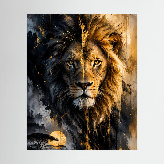 Löwen-Poster mit abstraktem Löwenporträt in Schwarz und Gold, frontansicht