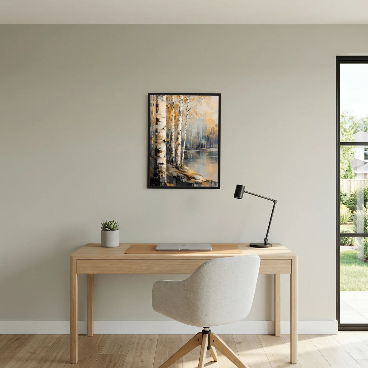 Hochformat-Poster im dunklen Rahmen mit Birkenwald und Uferlinie am Wasser
