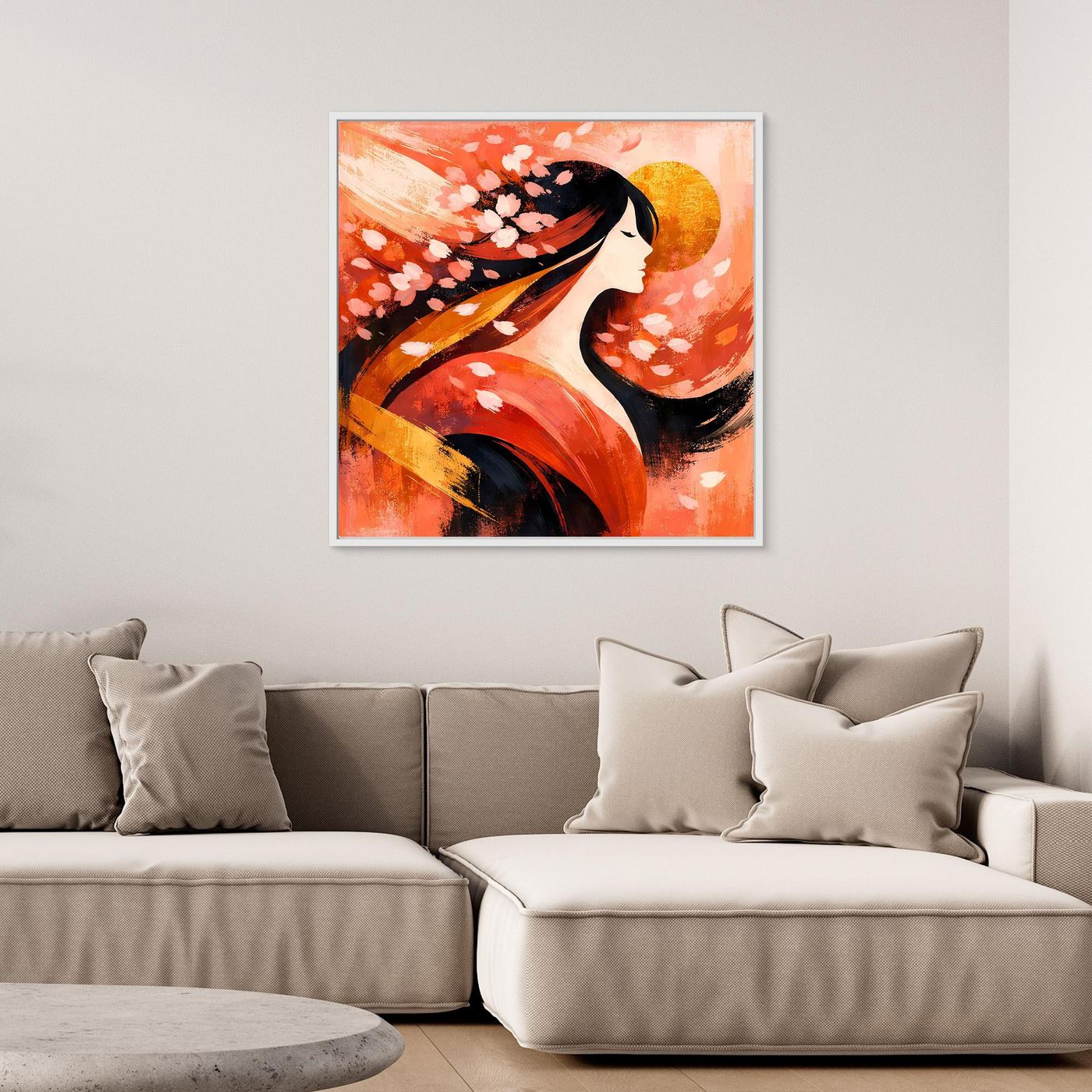 Leinwandbild mit Geisha im Profil, Kirschblütenakzenten und pastellwarmem Rot-Orange, gerahmt