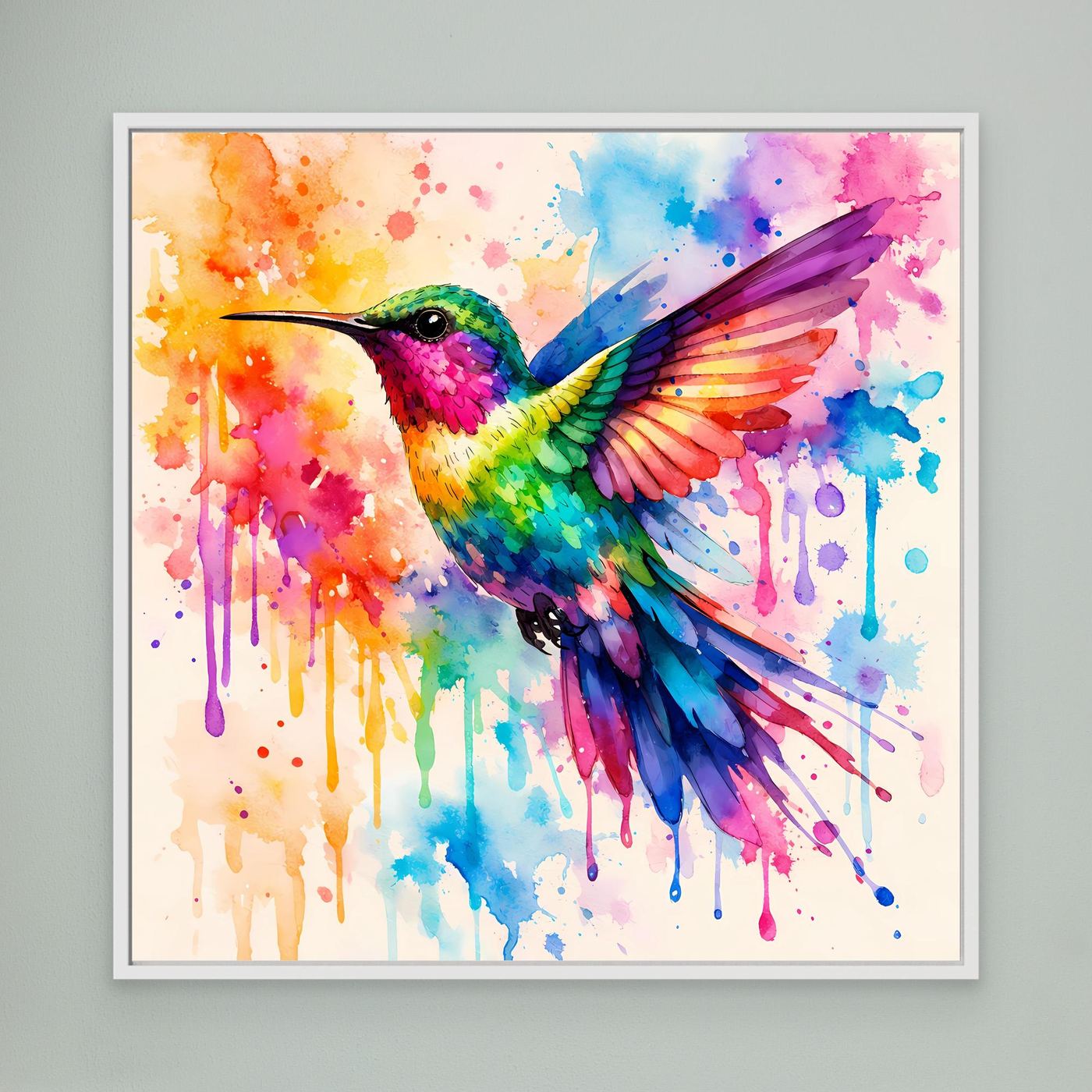 Leinwandbild mit buntem Kolibri im Aquarellstil, weißer Rahmen