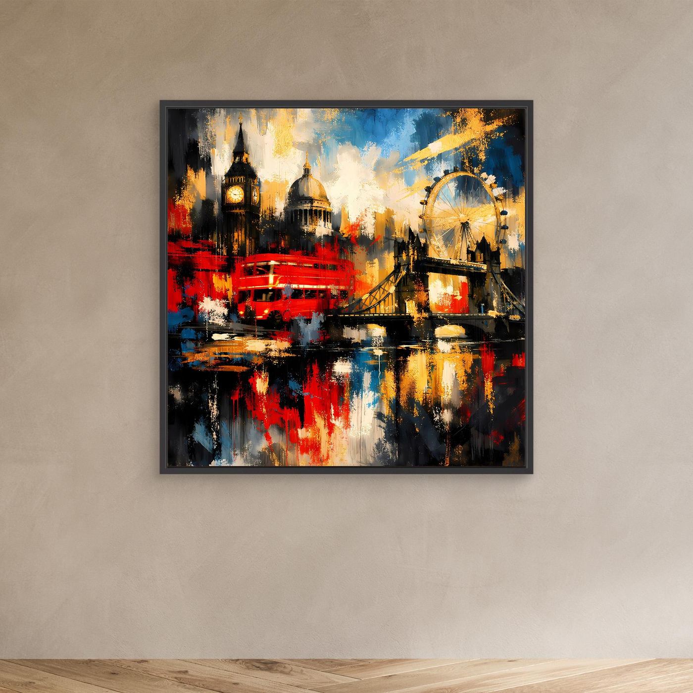 Leinwandbild abstrakte London-Skyline, bunt mit rotem Bus und Riesenrad, dunkler Rahmen
