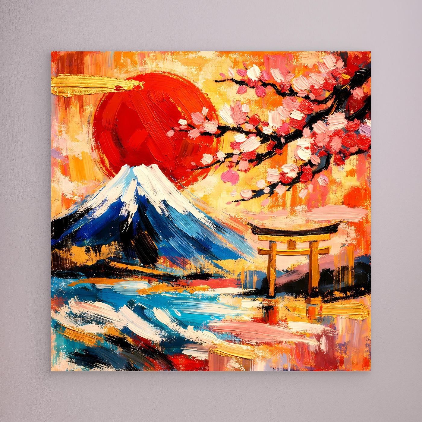 Leinwandbild mit hellem Rahmen: roter Fuji, Kirschblüten und Torii