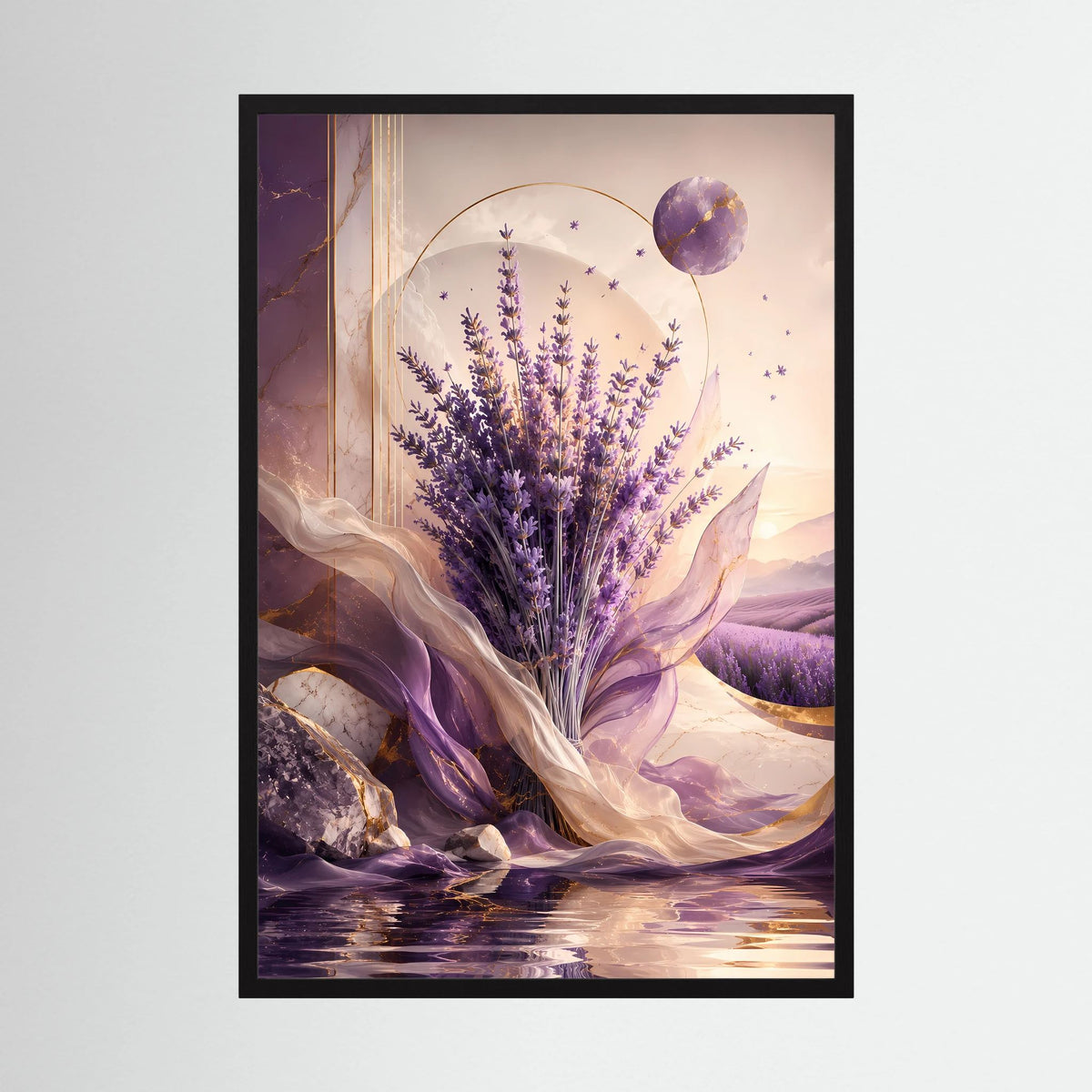 Hochformat-Poster mit Lavendelblüten im violetten Stil, goldene Highlights und runder Violett-Form im schwarzen Rahmen
