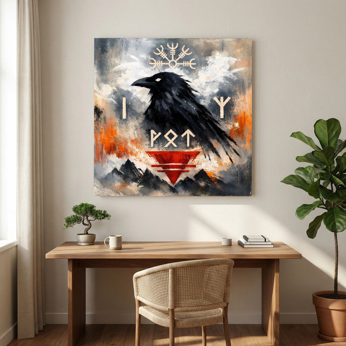 Wandbild mit schwarzem Raben, Runen und rotem Dreiecksymbol über orangefarbenen Akzenten