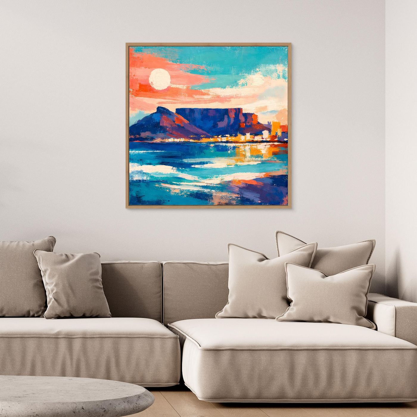 Abstraktes Leinwandbild mit Meer und Skyline, breite Farbbahnen, dunkler Rahmen
