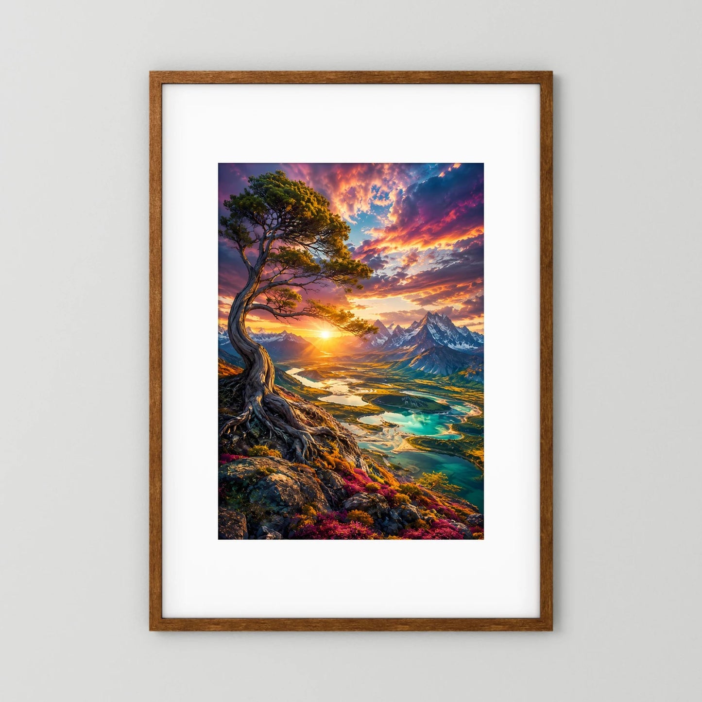 Majestätischer Baum über Bergtal | Leuchtender Sonnenuntergang & türkisfarbene Seen | Poster Hochformat