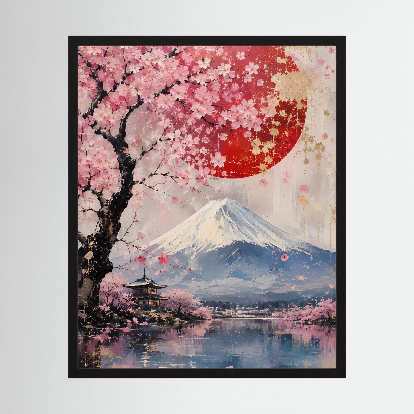 Hochformatiges Poster im schwarzen Rahmen mit Kirschblüten, Fuji, roter Sonne und See