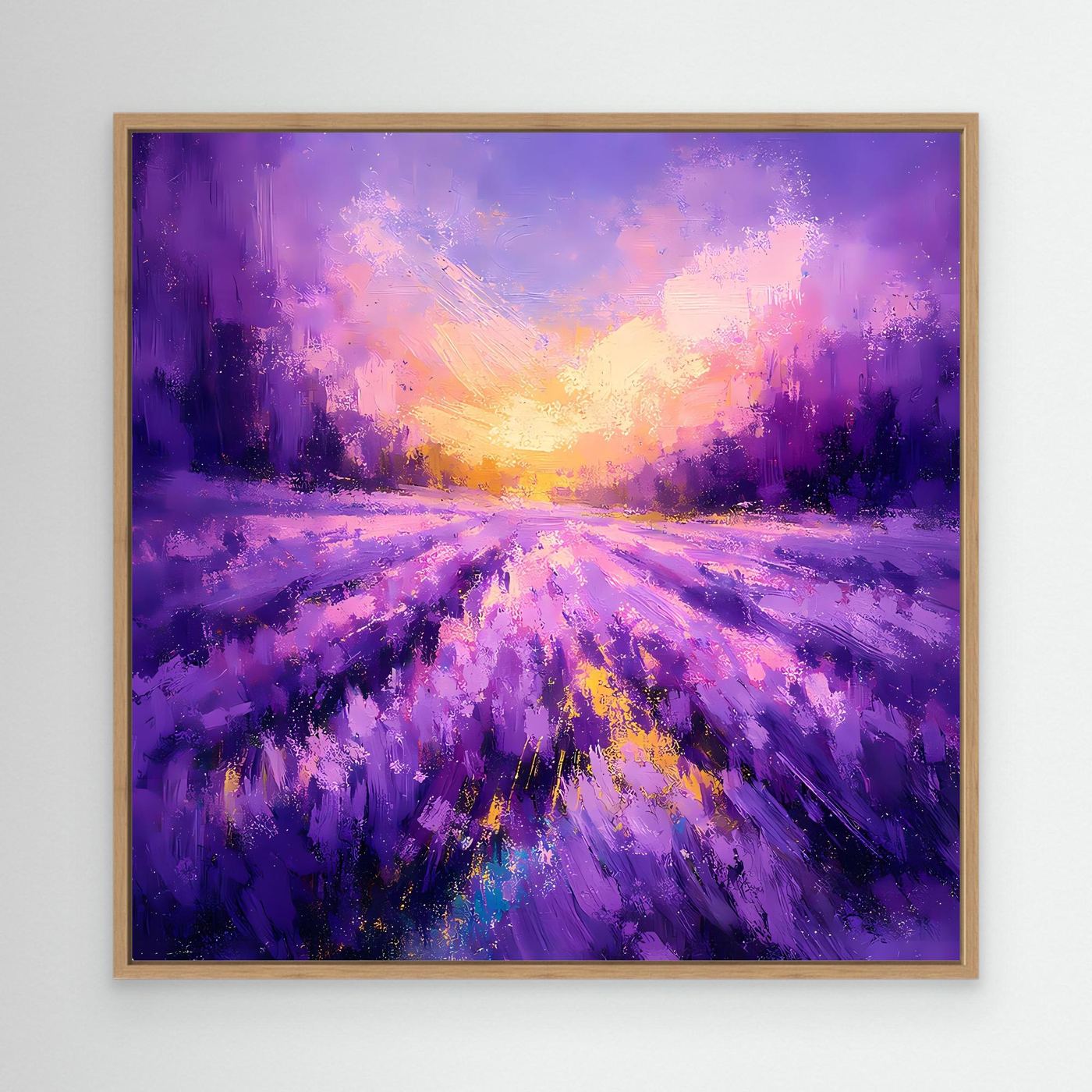 Leinwand-Wandbild mit violettem Lavendelfeld und goldenem Sonnenuntergang, Eichenrahmen