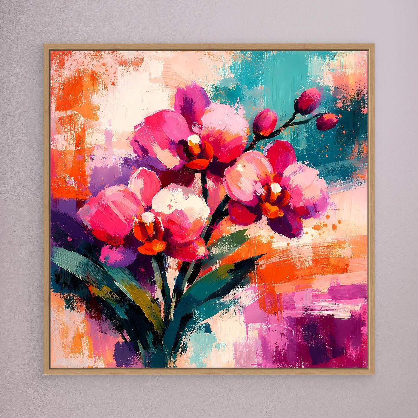 Leinwand-Wandbild mit abstrakten Orchideen in Pink, Lila und Türkis, Eichenrahmen