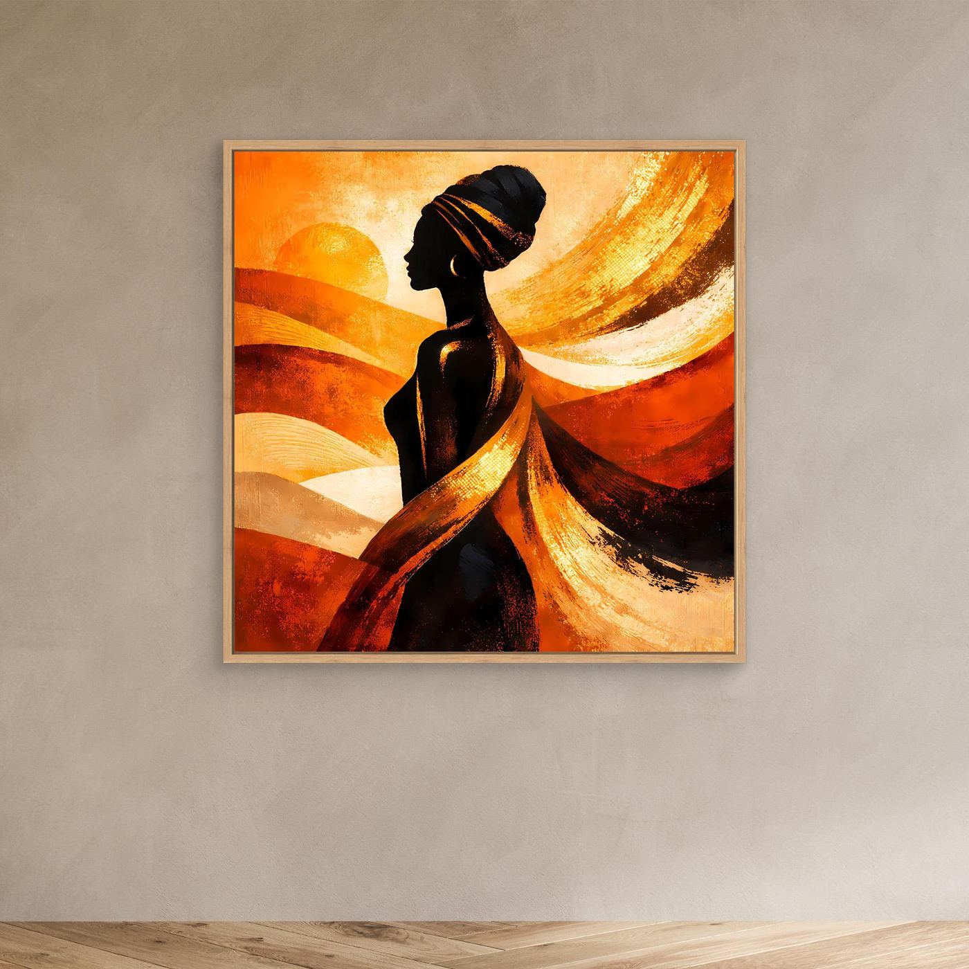 Leinwandbild mit Silhouette afrikanischer Frau, Gold-Orange Abstrakt, dünner weißer Rahmen