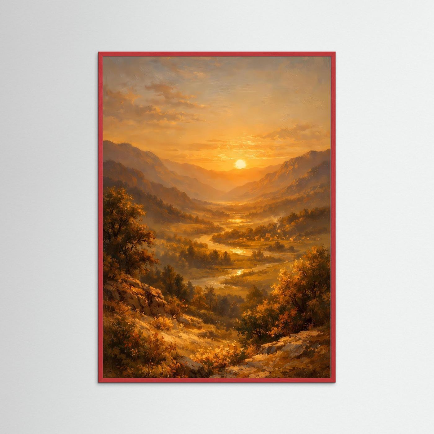 Poster Flusslandschaft im Goldenen Abendlicht | Majestätisches Berge Wandbild
