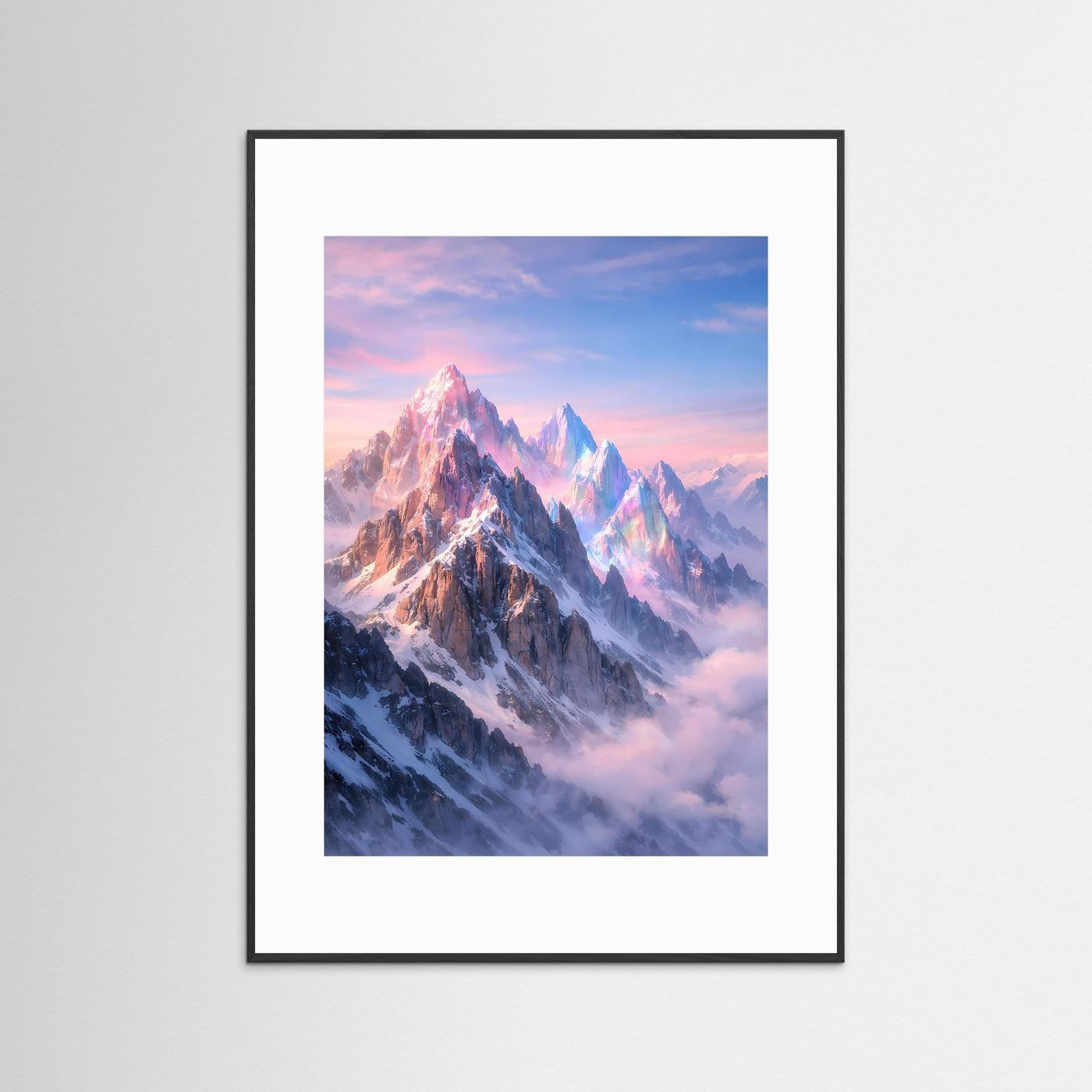 Fantasy-Bergposter mit kristallklaren Gipfeln in Pastellrosa und Eisblau im schwarzen Rahmen mit Mattenrand