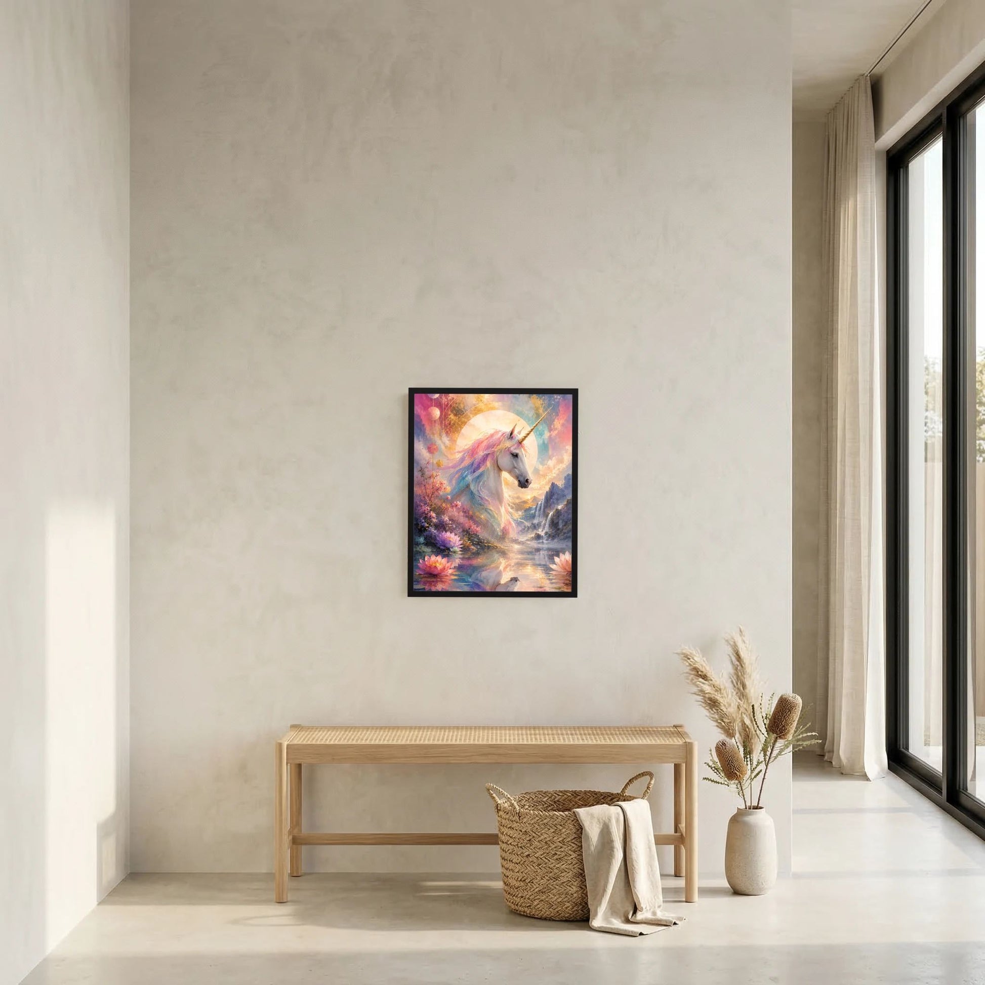 Kleines Einhorn-Kunstposter an der Wand: weißes Einhorn in Pastellmondschein