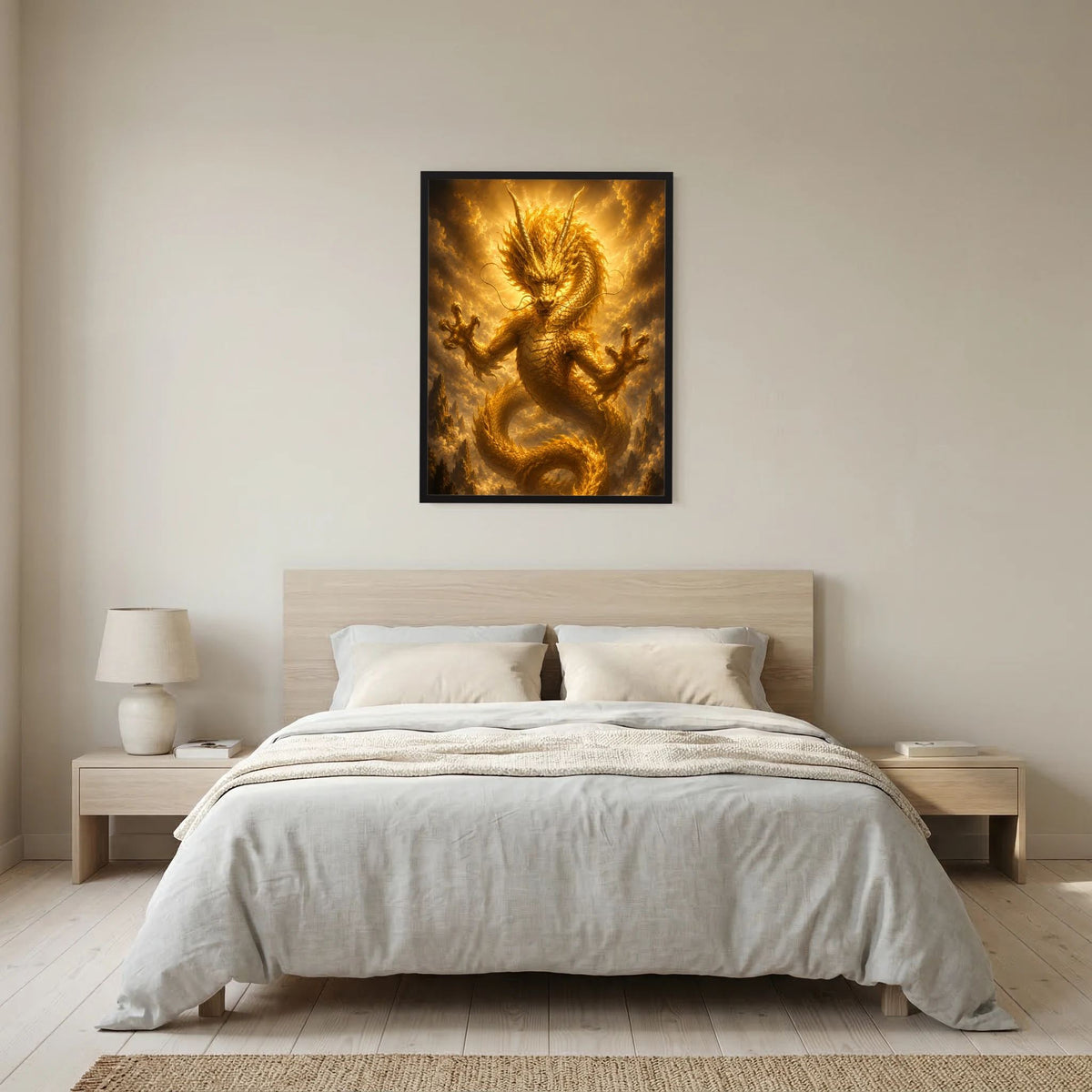 Quadratisches Poster mit goldenem chinesischem Drachen im schwarzen Rahmen