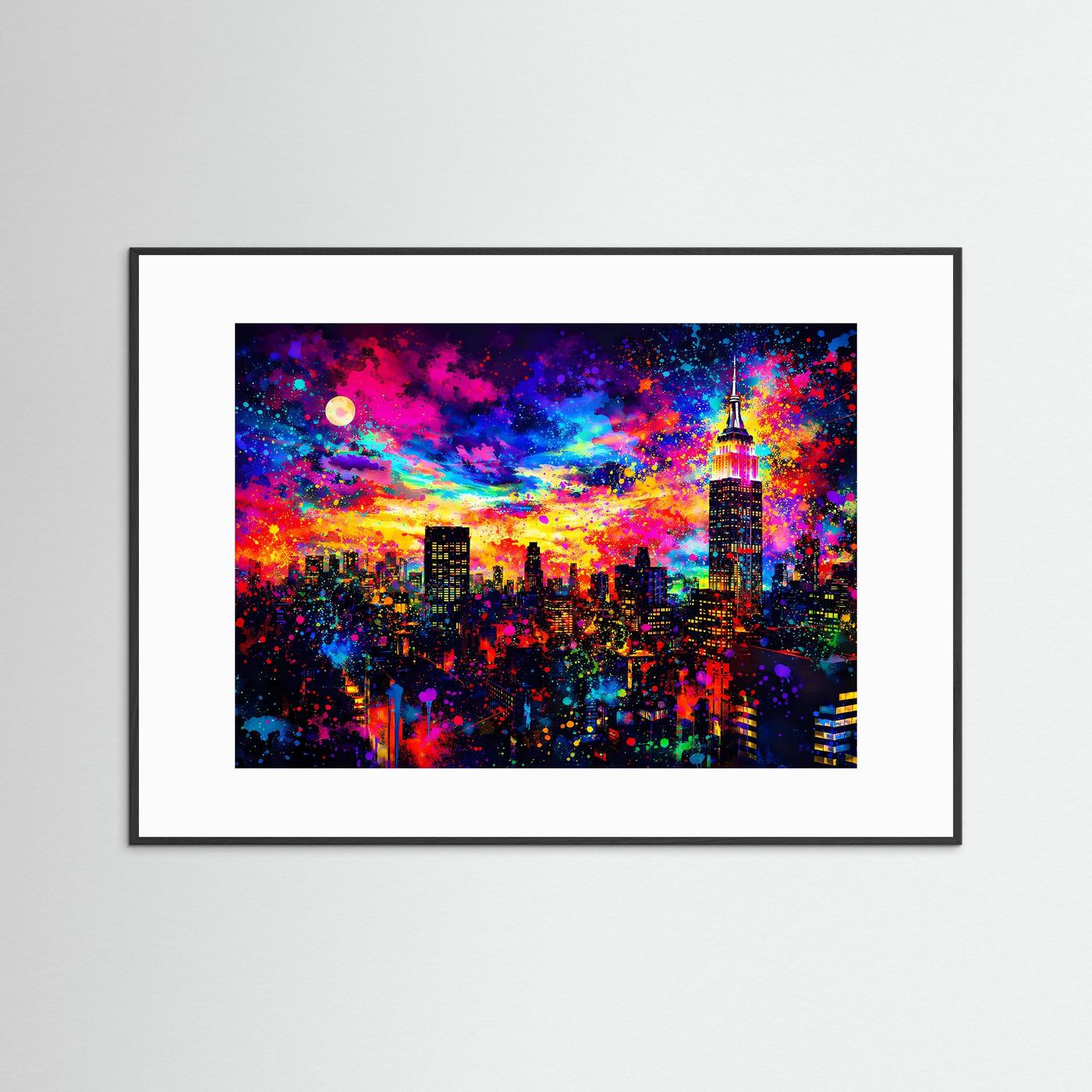 Gerahmtes Wandbild mit weißem Passepartout: Empire State Building bei Nacht, Pop-Art, Mond