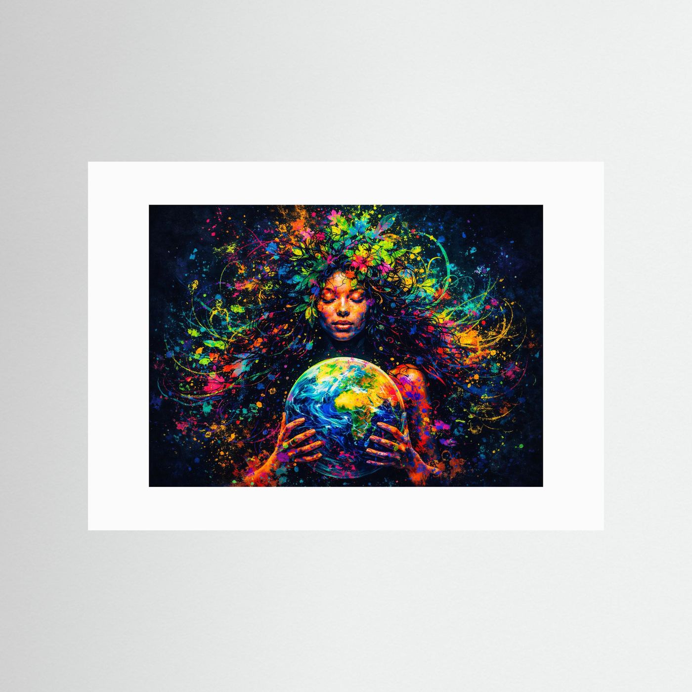Mutter Erde Kunstmotiv mit Globus | Buntes Natur Göttin Wandbild & Poster Querformat