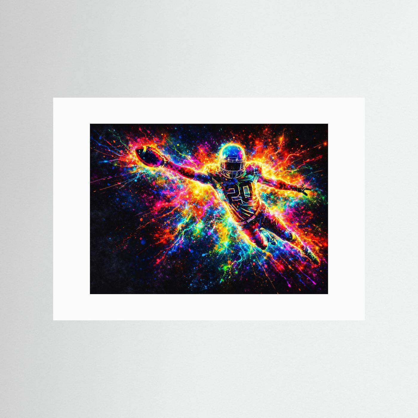 American-Football-Poster mit Neon-Quarterback im Touchdown-Motiv, mit weißem Passepartout.