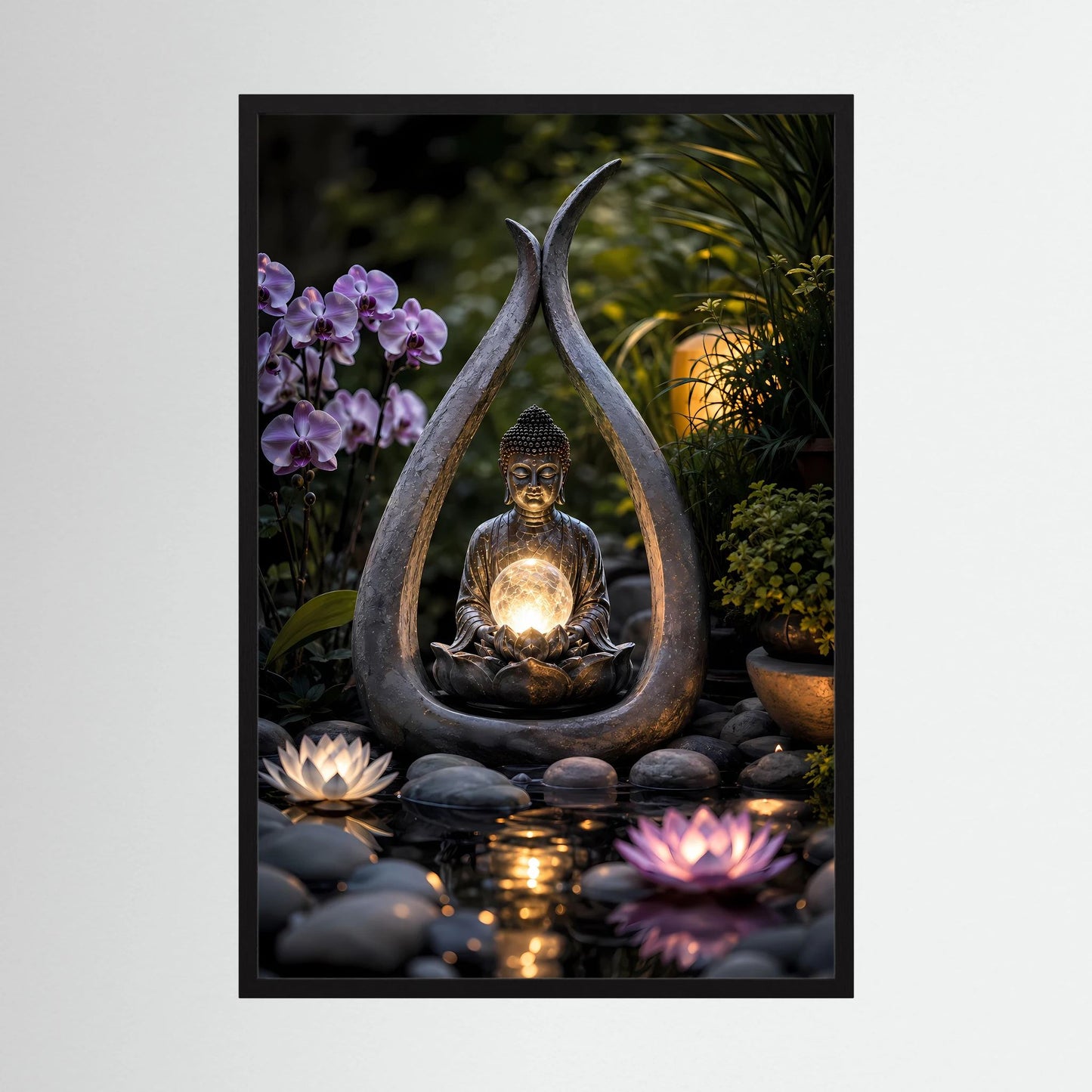 Poster: Meditierender Buddha mit goldener Lichtkugel, Lotus und violetten Orchideen im Zen-Garten, schwarz gerahmt