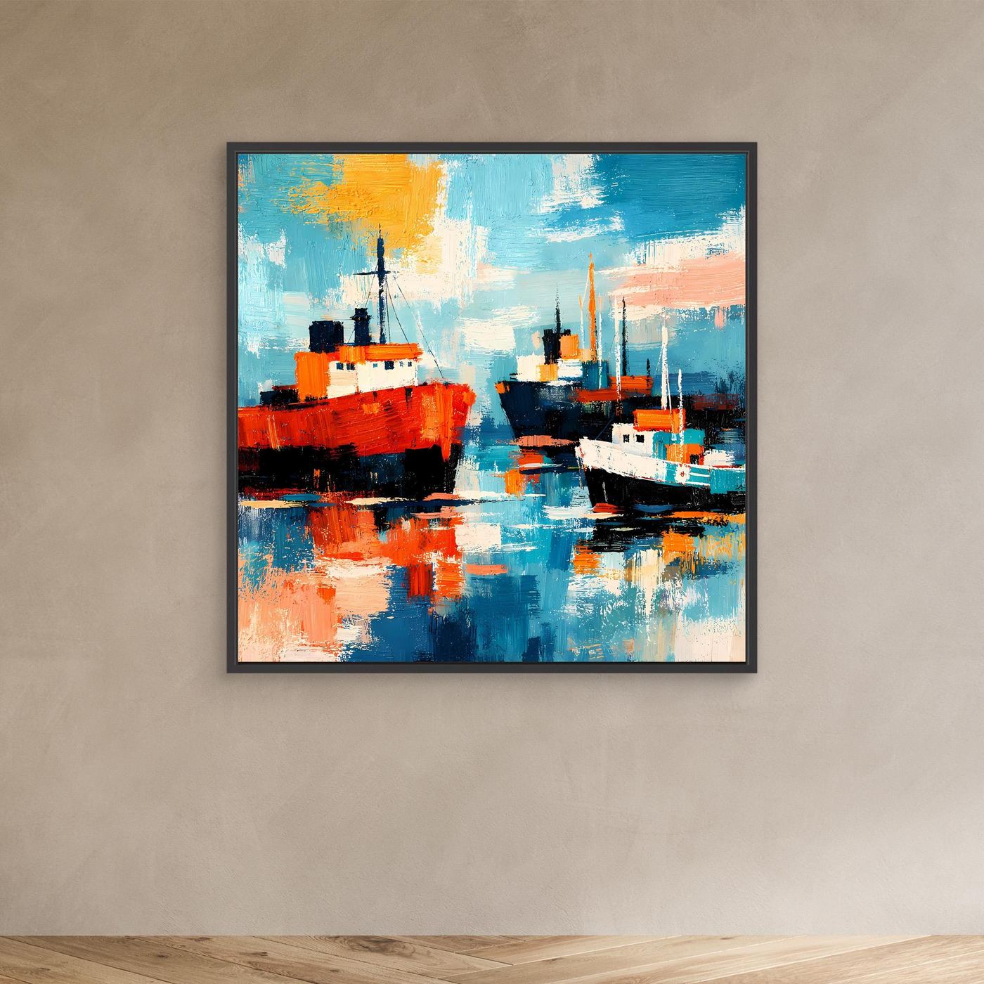 Leinwand-Wandbild mit abstrakten Schiffen im Hafen im schwarzen Rahmen, blau-rot