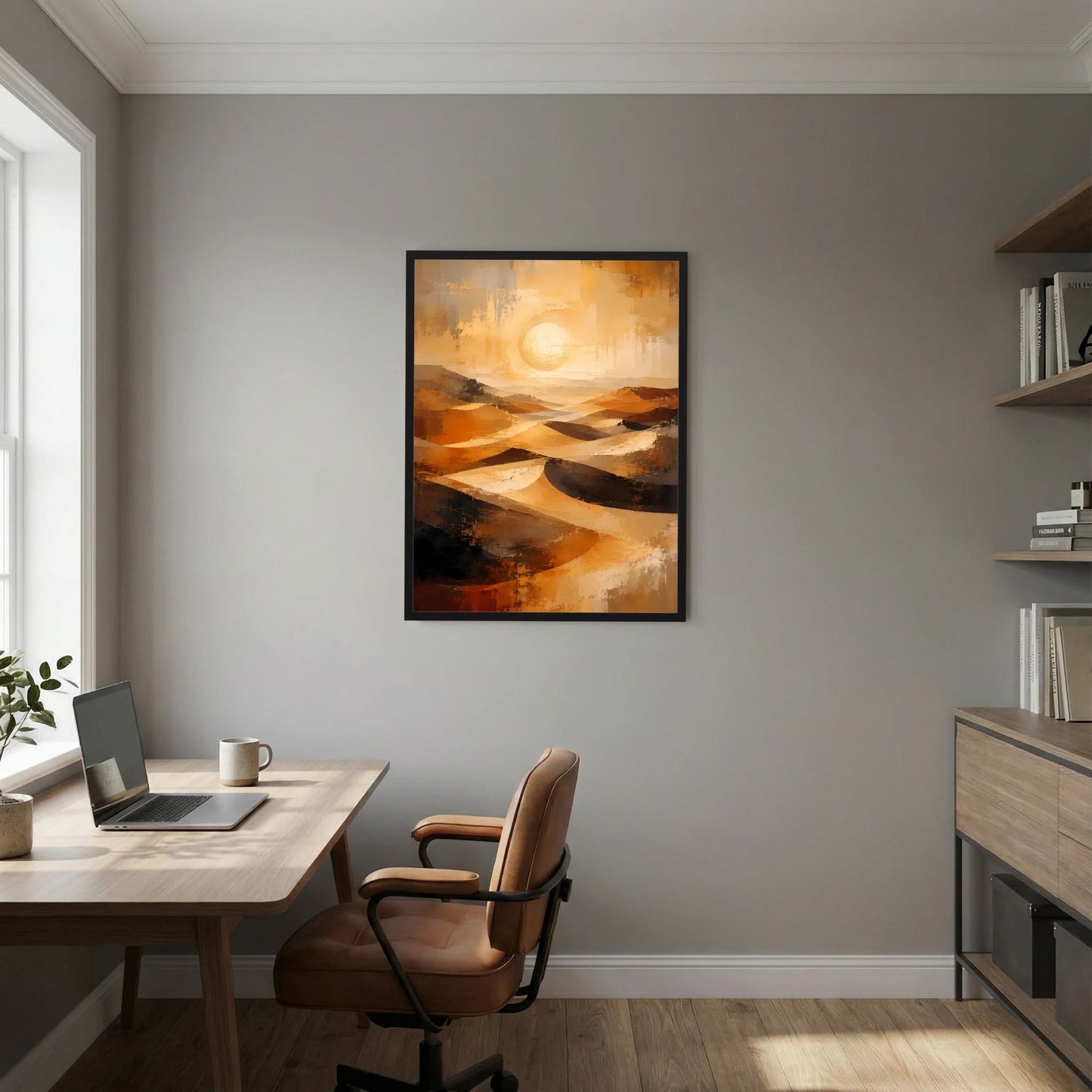 Gerahmtes Poster im Hochformat mit abstrakten Dünen in Gold, Orange und Dunkelbraun