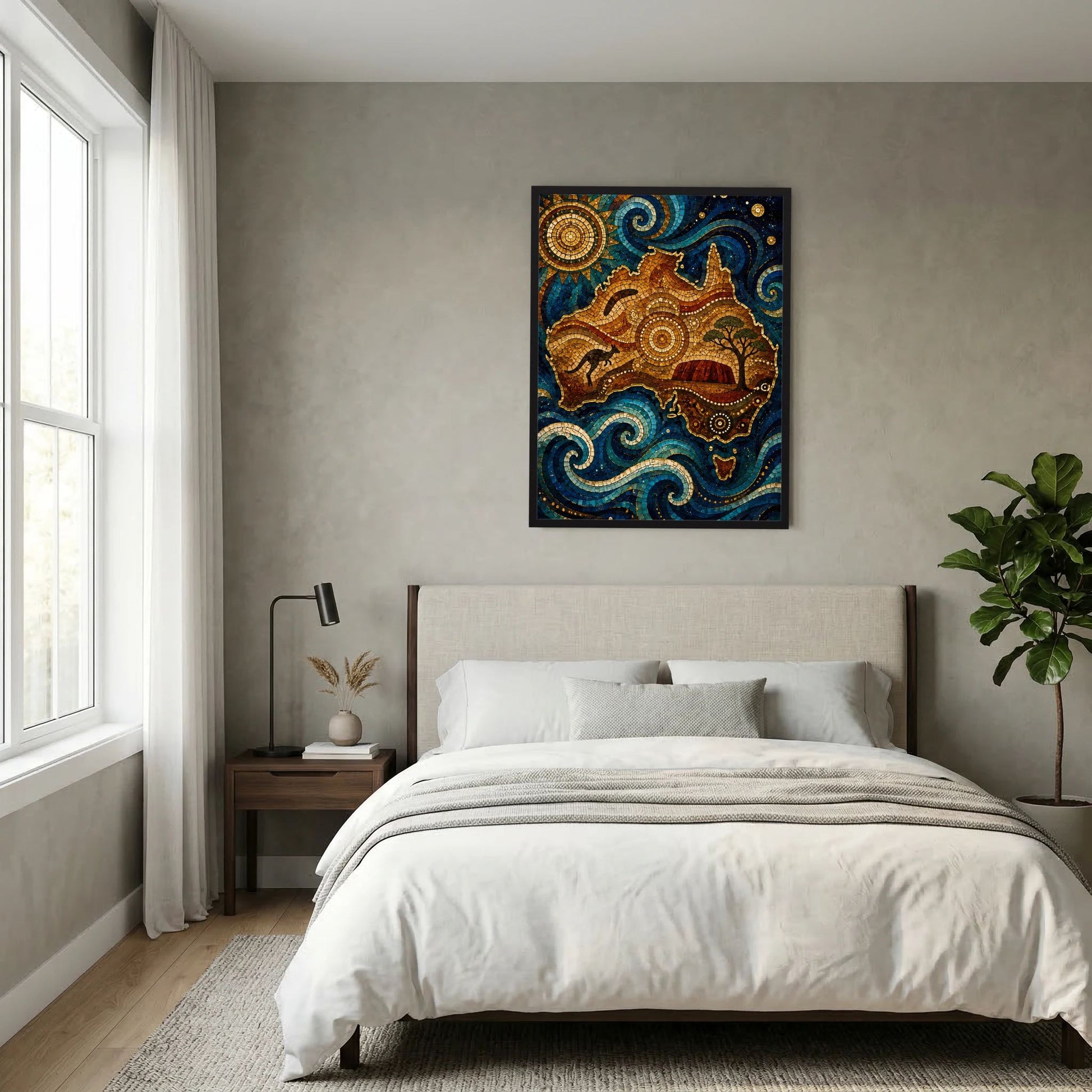 Gerahmtes Mosaik-Poster mit Känguru und Wellen, goldene Akzente auf blauem Grund