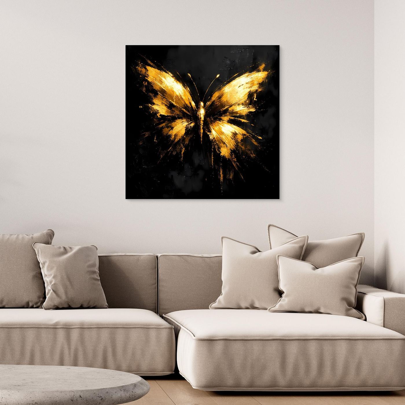 Leinwand Goldener Schmetterling auf Schwarz | Abstraktes Luxus Wandbild