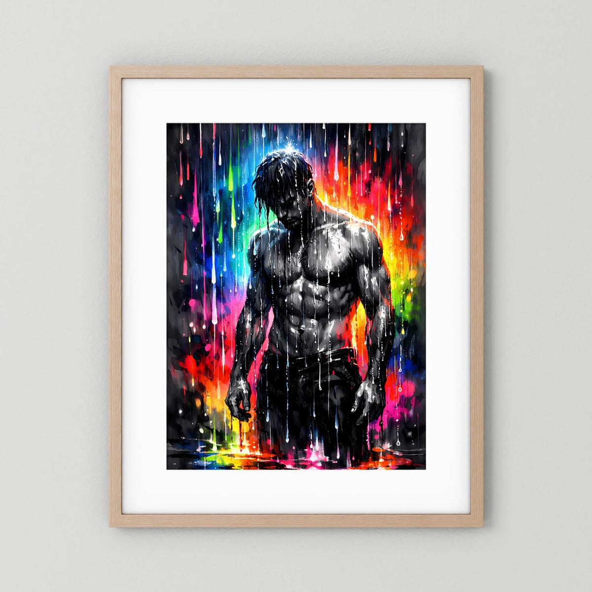 Wandbild im Hochformat mit muskulösem Mann in Schwarz, farbige Neon-Spritzer, hellbrauner Rahmen