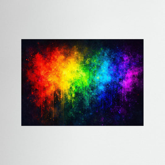 Abstraktes Regenbogen-Farbexplosionsposter, quer, dunkel hinterlegt, ohne Rahmen