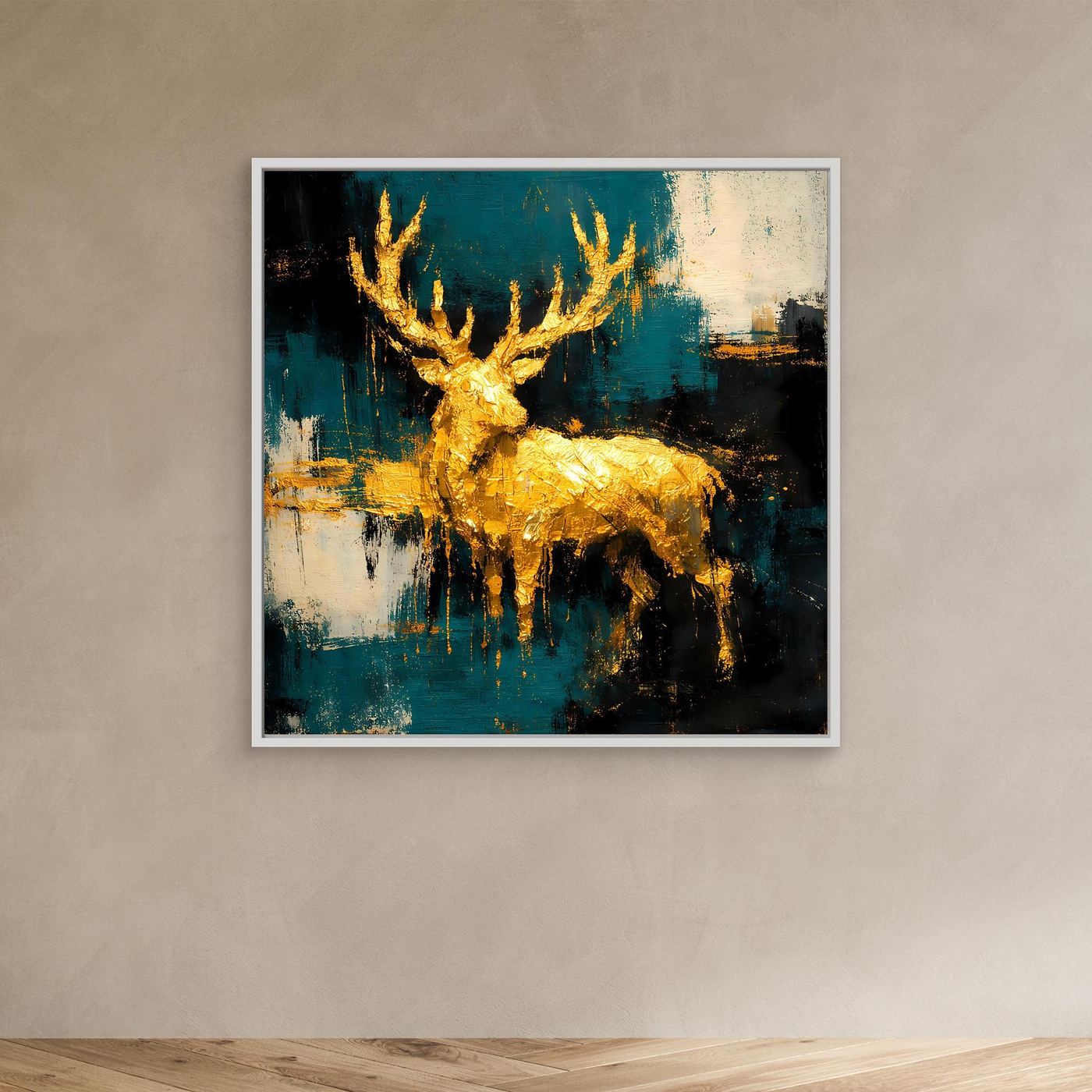 Leinwand Goldener Hirsch in abstrakter Landschaft | Modernes Edel-Tier Wandbild