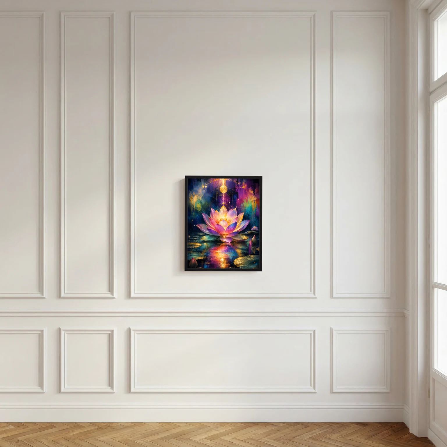Gerahmtes Lotusblüten-Poster an der weißen Wand mit leuchtender Lotusblüte und Wasserreflexen
